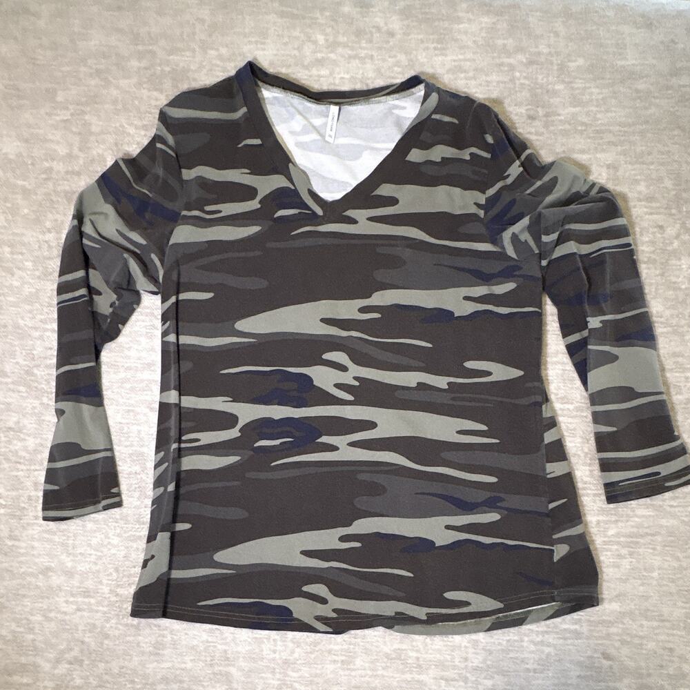 NYDJ Women’s XL Camouflage V-Neck 3/4 Sleeve Knit Pullover Top Gray Black